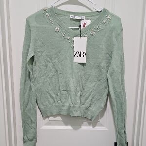 Zara Mint Green Sweater with Pearl Details